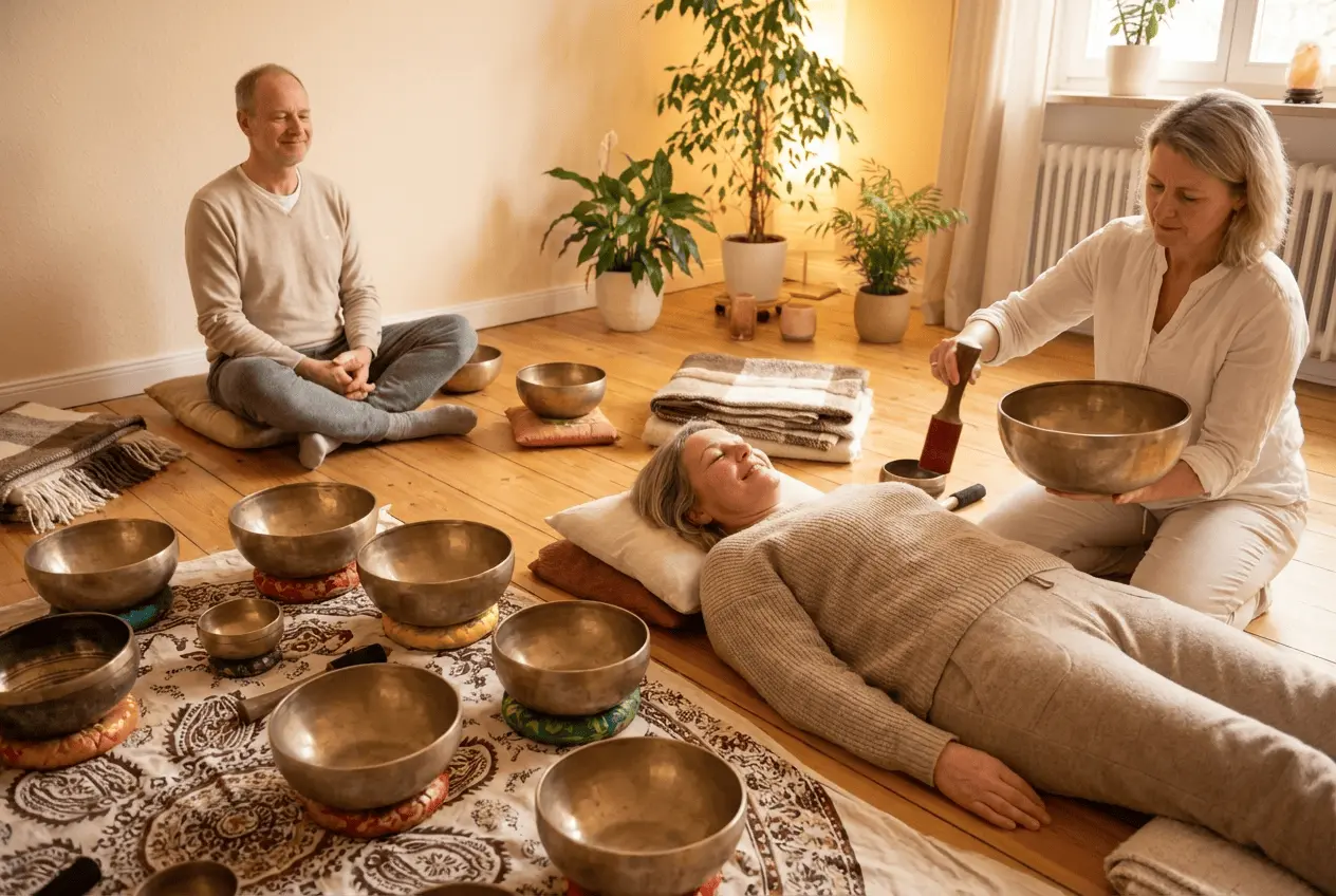 Gruppen Sound Bath mit tibetischen Klangschalen und Gongs zur Tiefenentspannung im Liegen