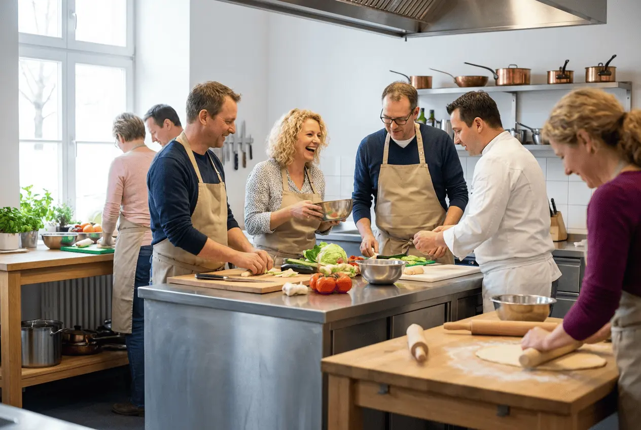 Teilnehmer bei einem Kochkurs in einer modernen Küche kochen gemeinsam ein Menü