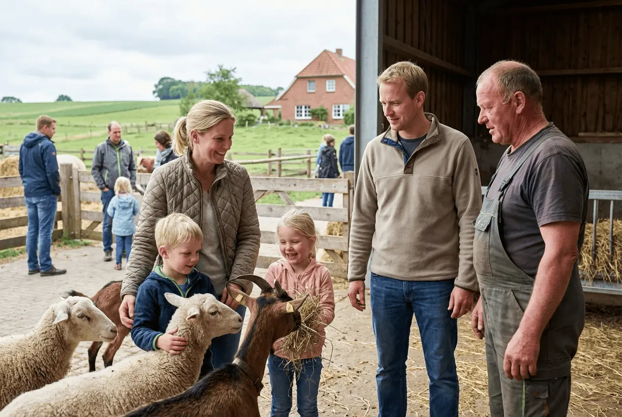 Glückliche Kinder füttern Tiere auf einem landwirtschaftlichen Erlebnishof bei schönem Wetter