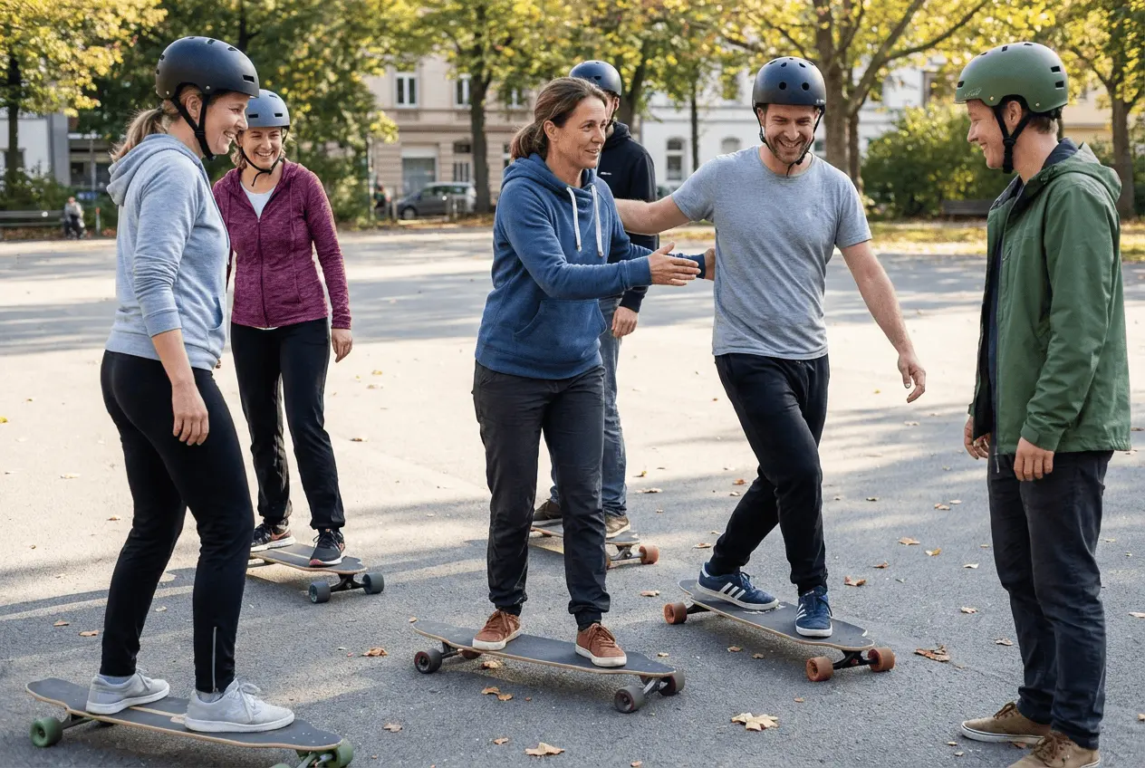 Longboard Dancing Gruppe übt Peter Pan Steps im Sonnenuntergang auf leerer Straße