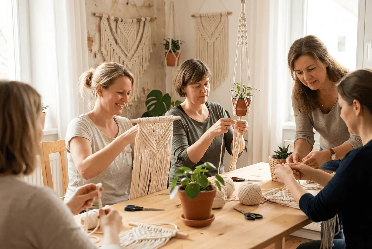 Teilnehmerinnen bei einem DIY Makramee Workshop die gemeinsam Wandbehänge in einem hellen Atelier knüpfen