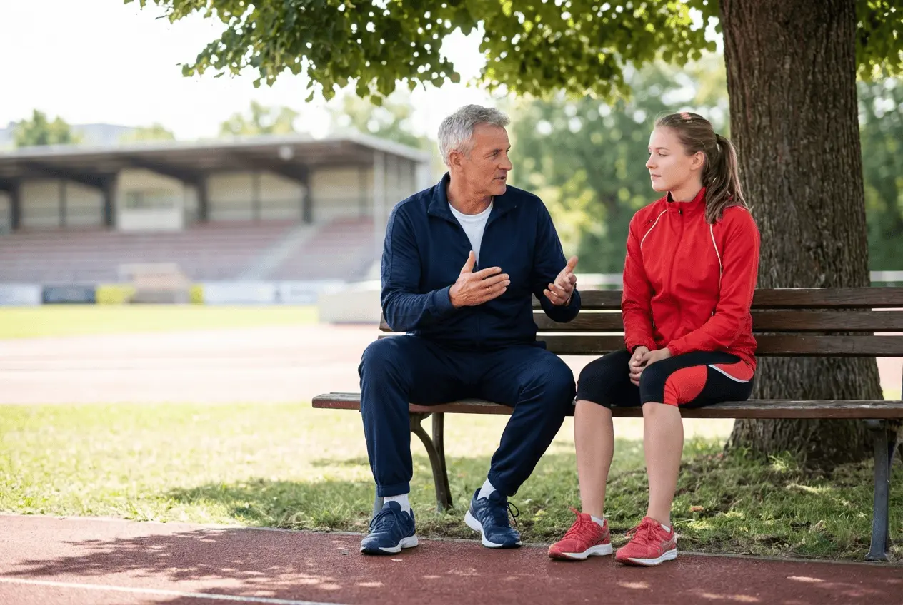 Personal Coach analysiert digitalen Trainingsplan mit Athlet für mentale Stärke am Laptop