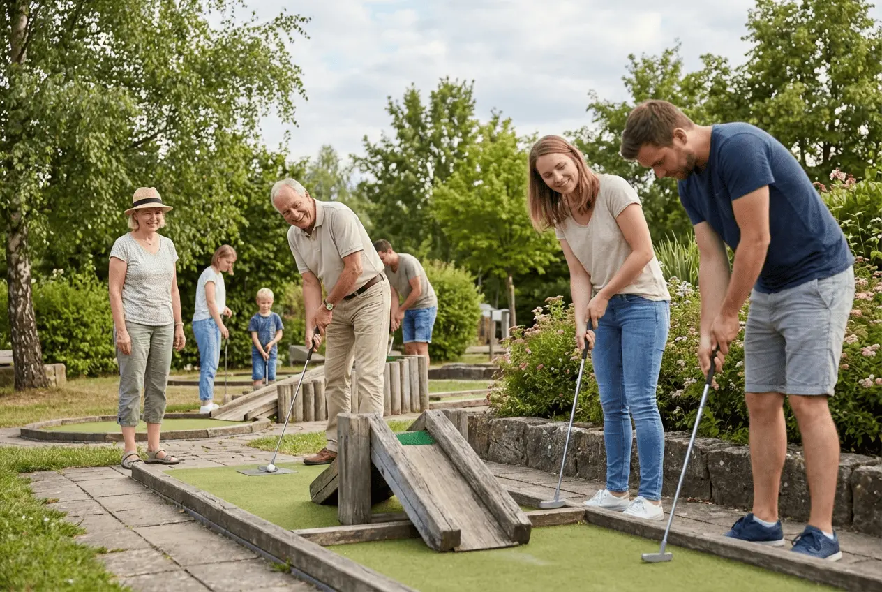 Glückliche Spieler auf einer vollen Minigolfanlage bei schönem Wetter
