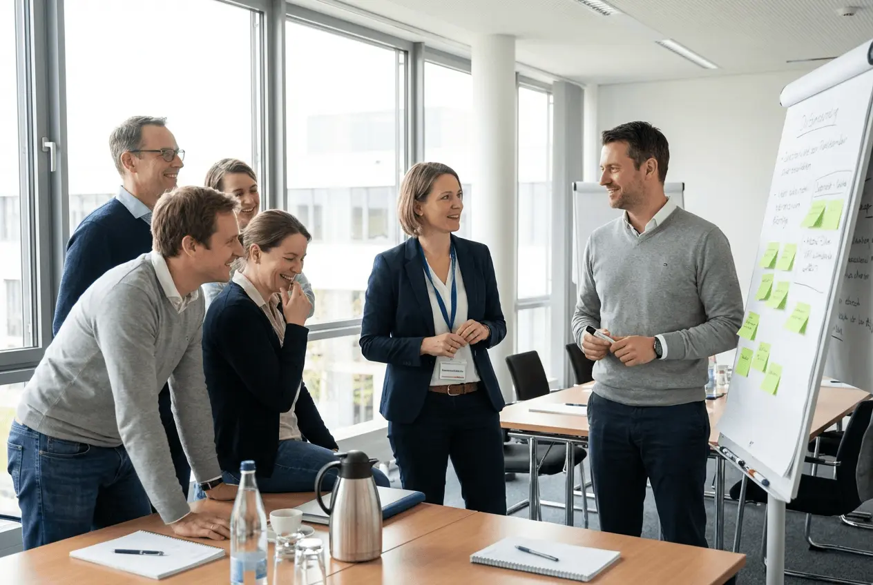 Professionelle Moderatoren leiten einen interaktiven Facilitation Workshop mit Flipchart und Teilnehmergruppe