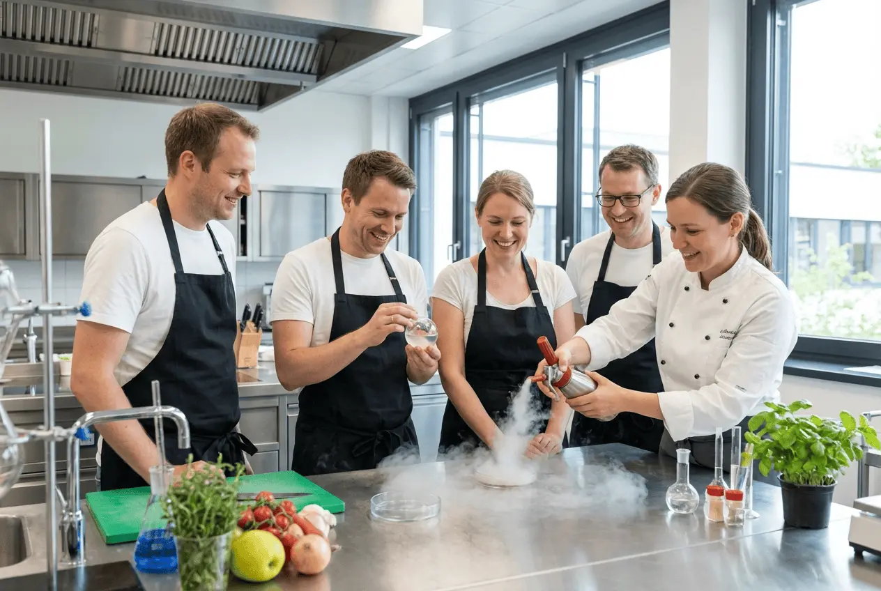 Molekularküche Einführungskurs Teilnehmer beim Zubereiten von Kaviarperlen und Schäumen
