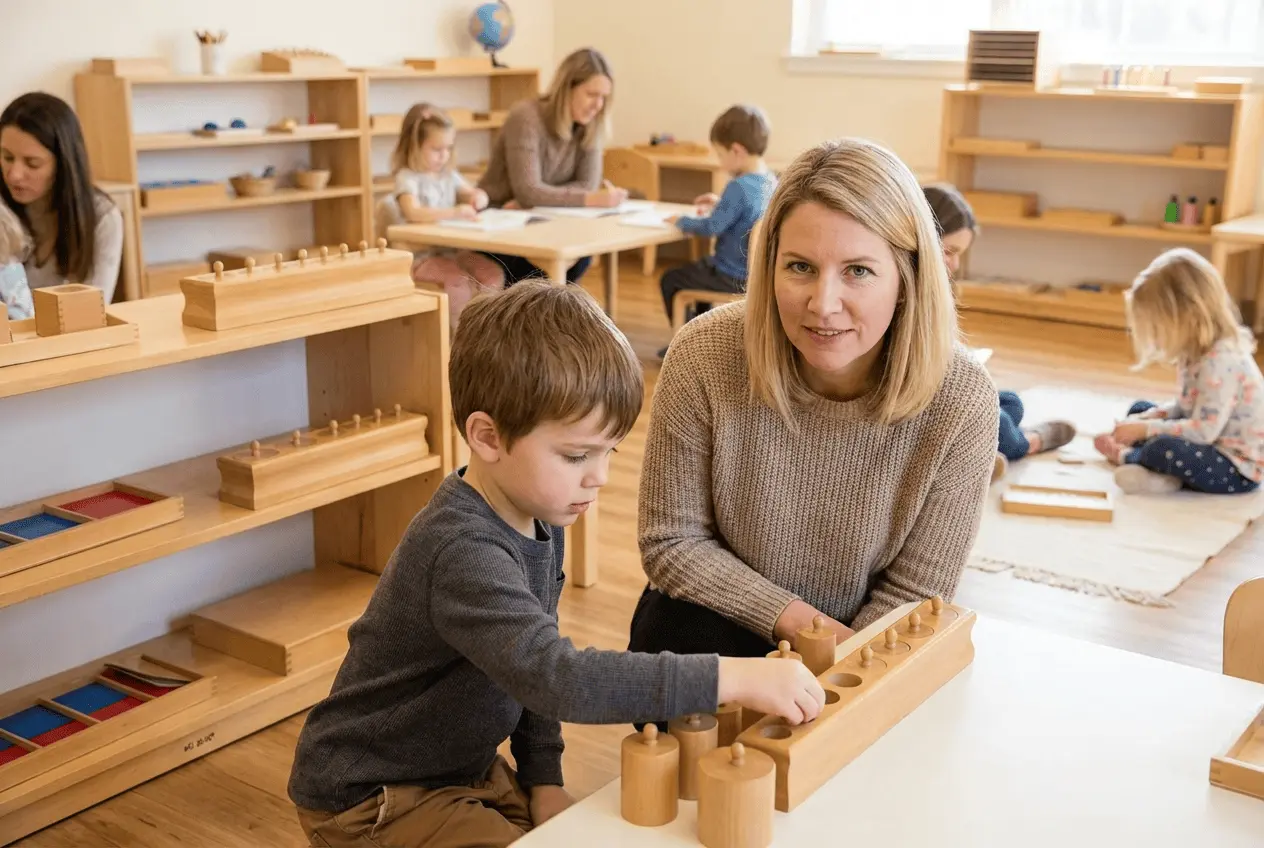 Montessori Pädagogik Material und Seminarteilnehmer im Einführungskurs