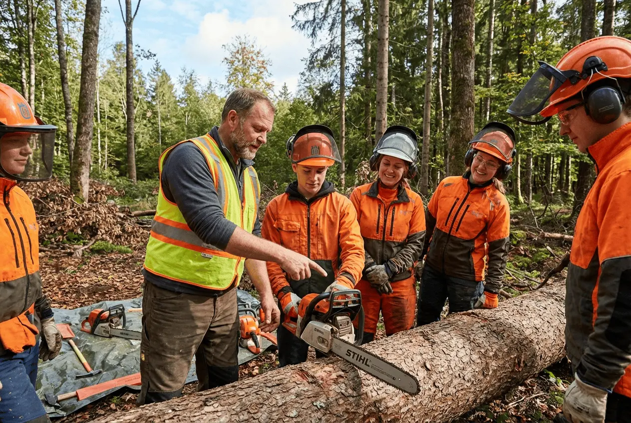 Forstwirt mit Kettensäge und Schnittschutzhose bei der praktischen Ausbildung für den Motorsägenschein im Wald