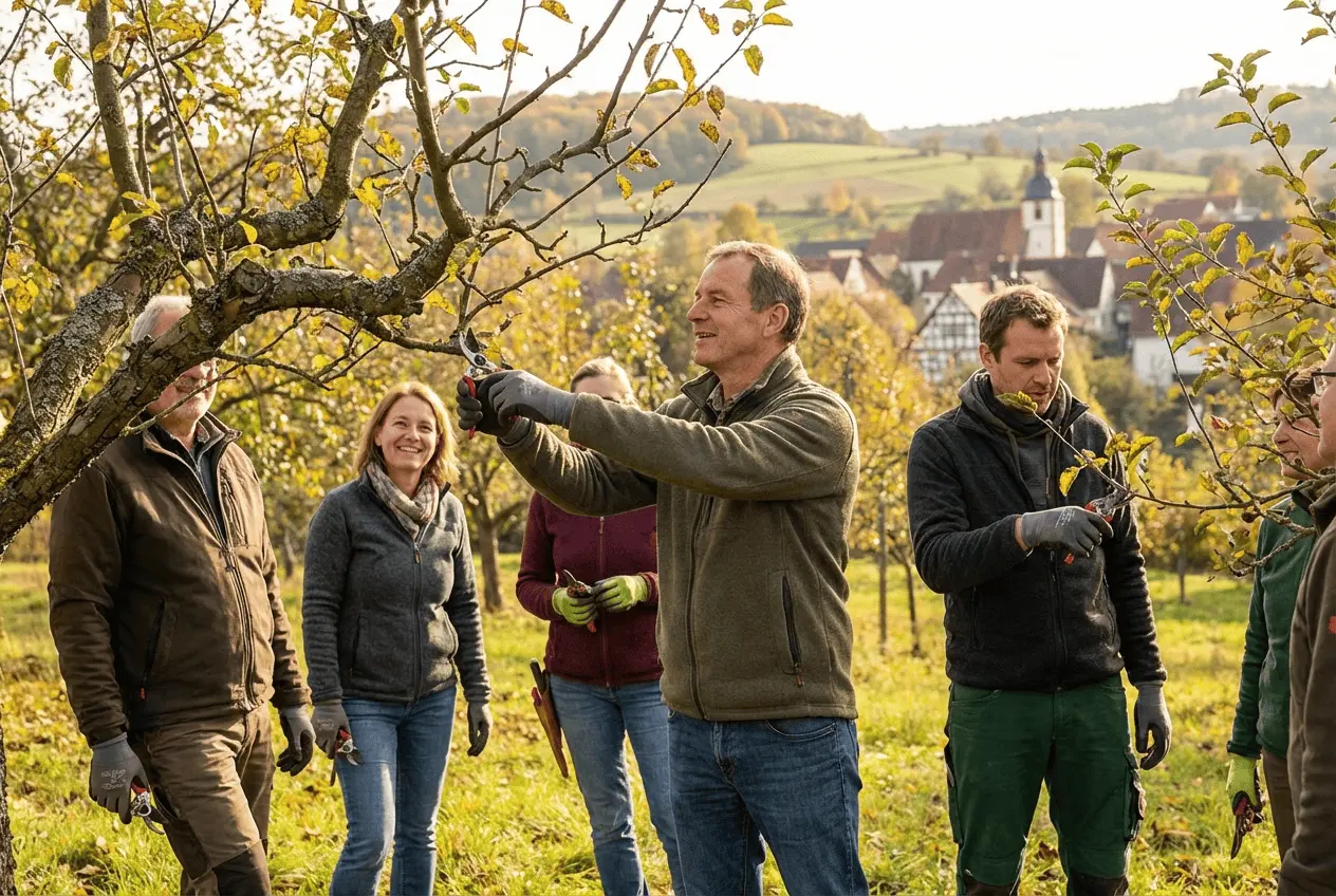 Praxisunterricht Winterschnitt an Obstbäumen auf einer Streuobstwiese mit Leiter und Schere