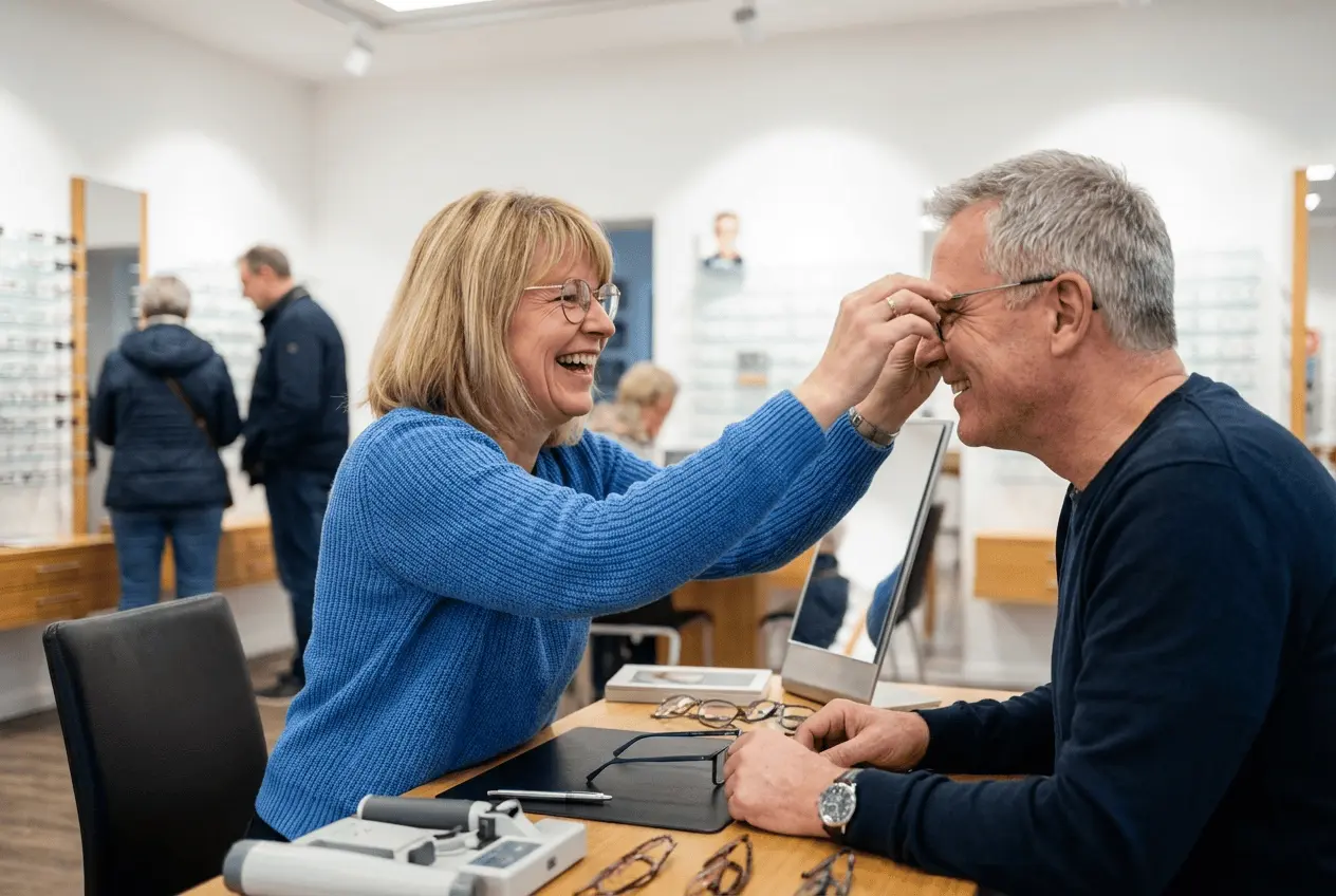 Professionelle Augenvermessung mit Phoropter und Brillenberatung im Optikerfachgeschäft
