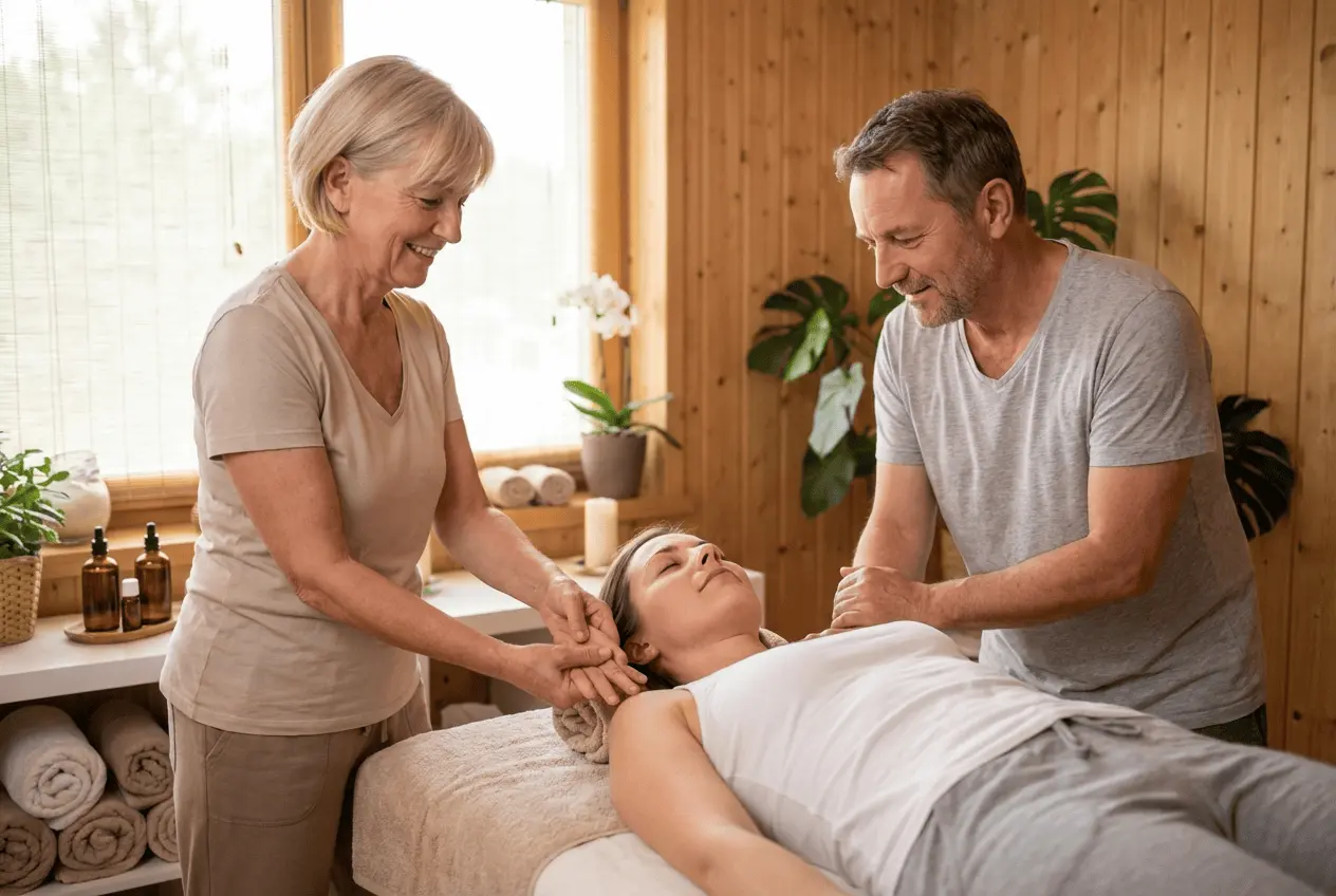 Paar lernt Rückenmassage im Wellness Workshop entspannte Atmosphäre