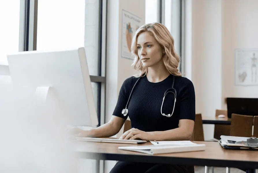 Verwaltungsteam einer Pflegeakademie organisiert Palliative Care Weiterbildungen und Teilnehmerlisten digital am Computer