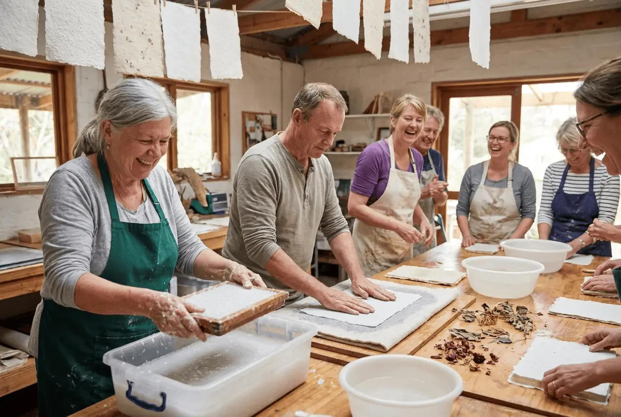Kreativ-Workshop Teilnehmer beim Papierschöpfen an der Bütte mit Schöpfrahmen