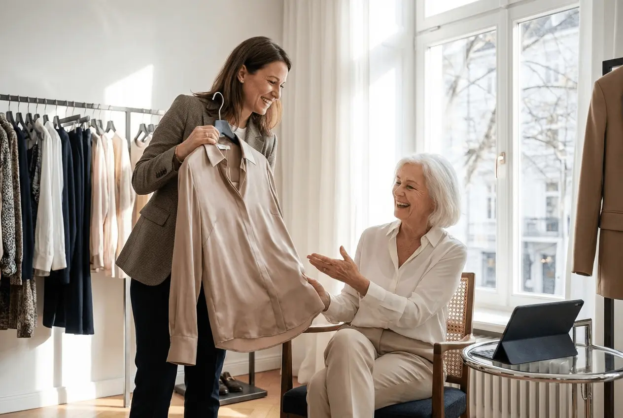 Professionelle Personal Shopperin bei der Modeberatung und Einkausbegleitung im Store mit glücklichem Kunden