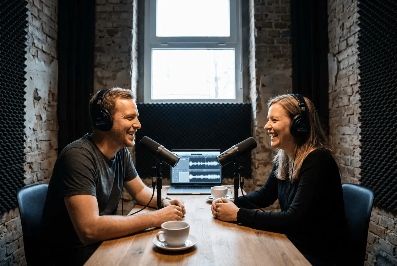 Aufnahmestudio mit Mikrofon und Laptop für Podcast Produktion und Terminverwaltung