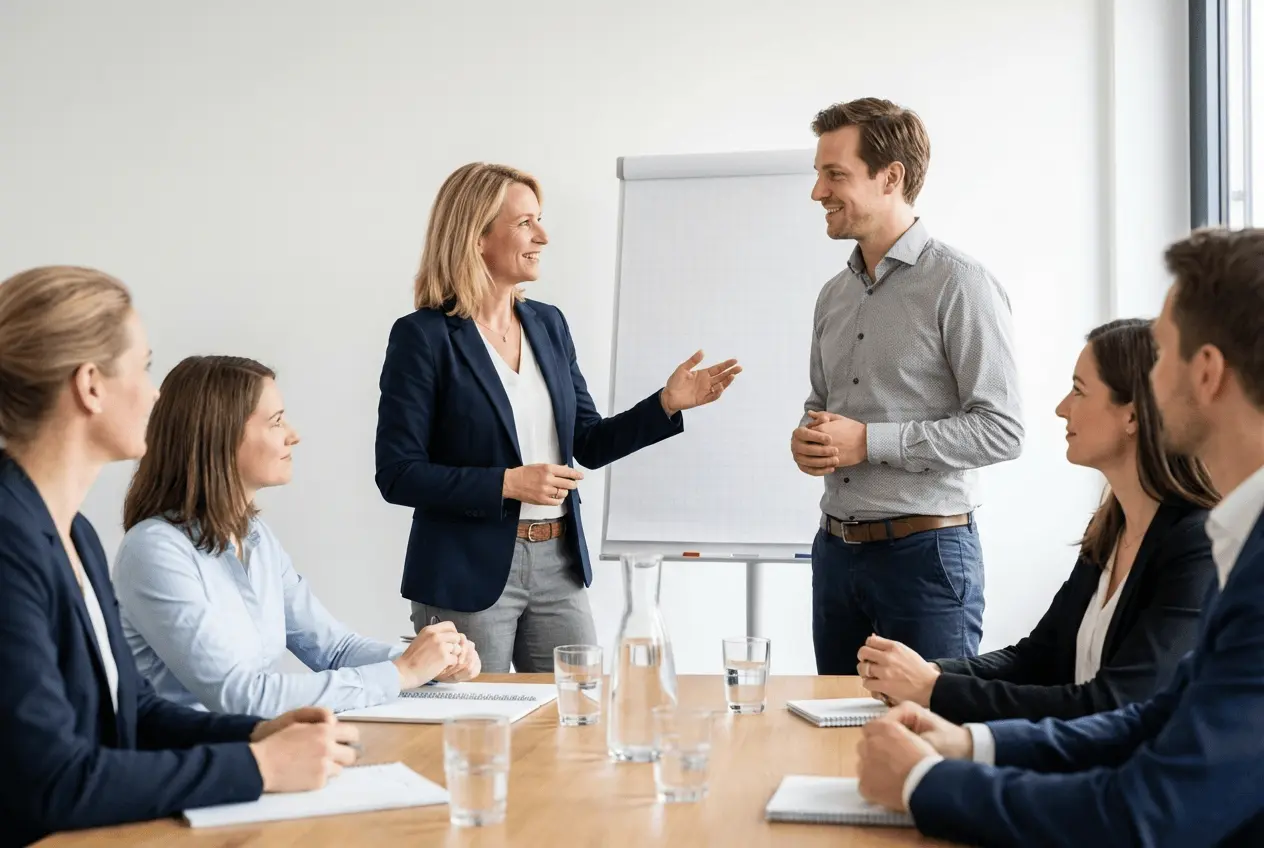 Business-Coach bei der Durchführung eines Präsentations-Trainings und Rhetorik-Seminars