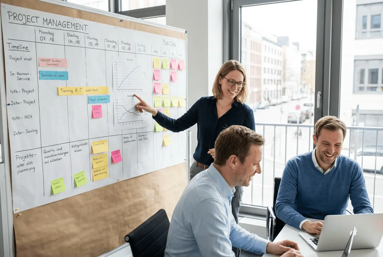 Seminarleiter präsentiert Projektmanagement Methoden am Whiteboard vor Teilnehmern im Business Meetingraum