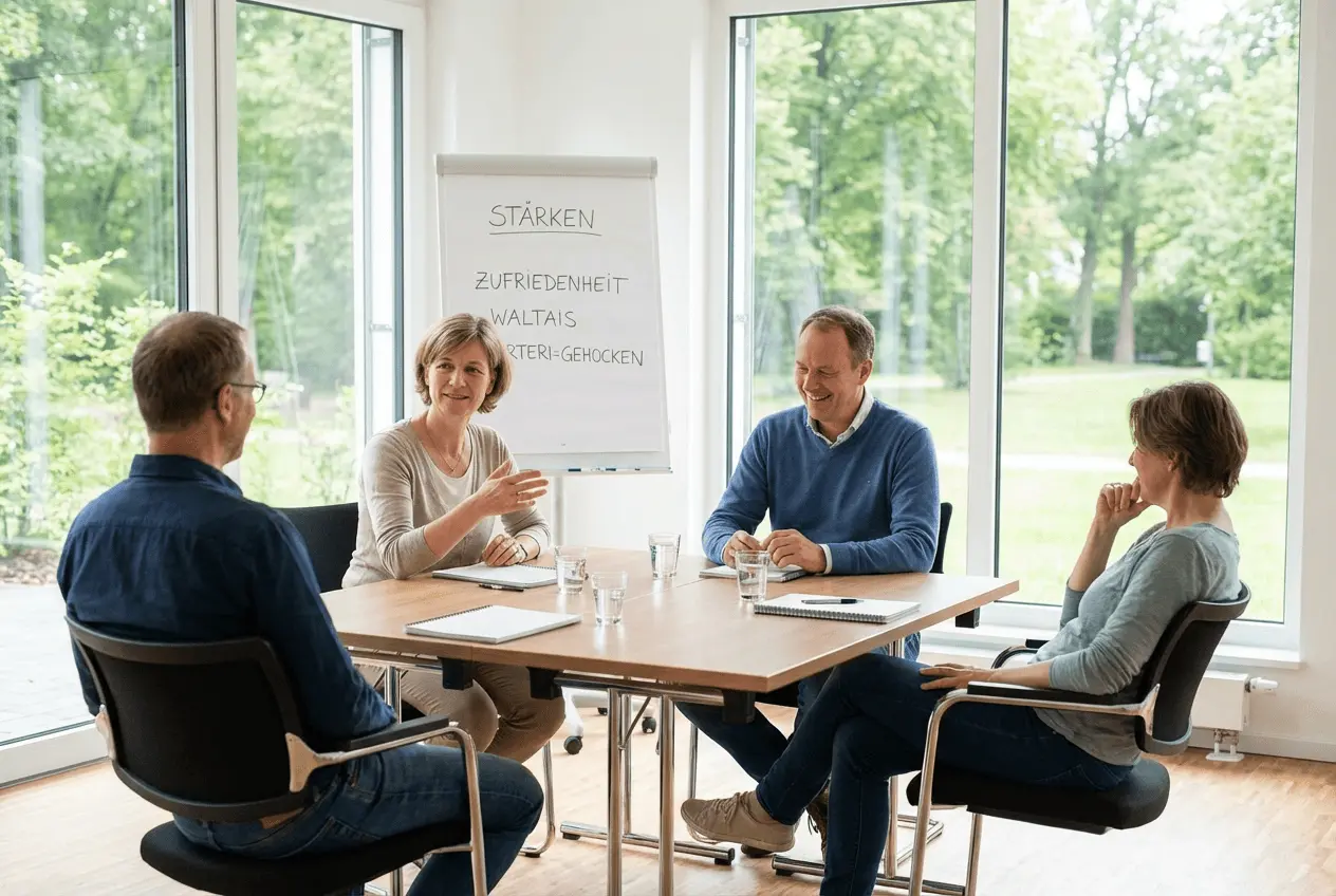 Zufriedener Coach verwaltet Online-Buchungen für Resilienz-Kurse und Stressmanagement-Seminare am Computer