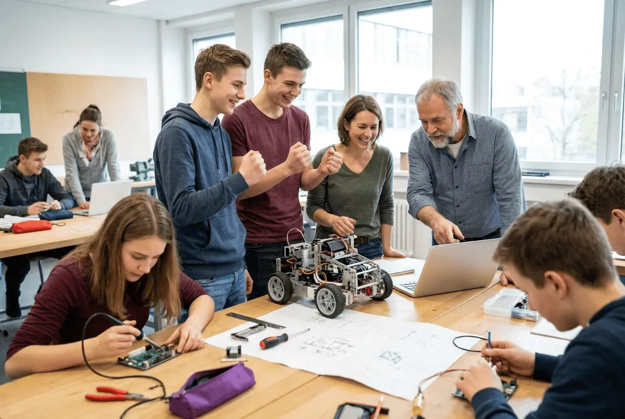 Kinder programmieren Roboter in einem MINT-Ferienlager am Laptop