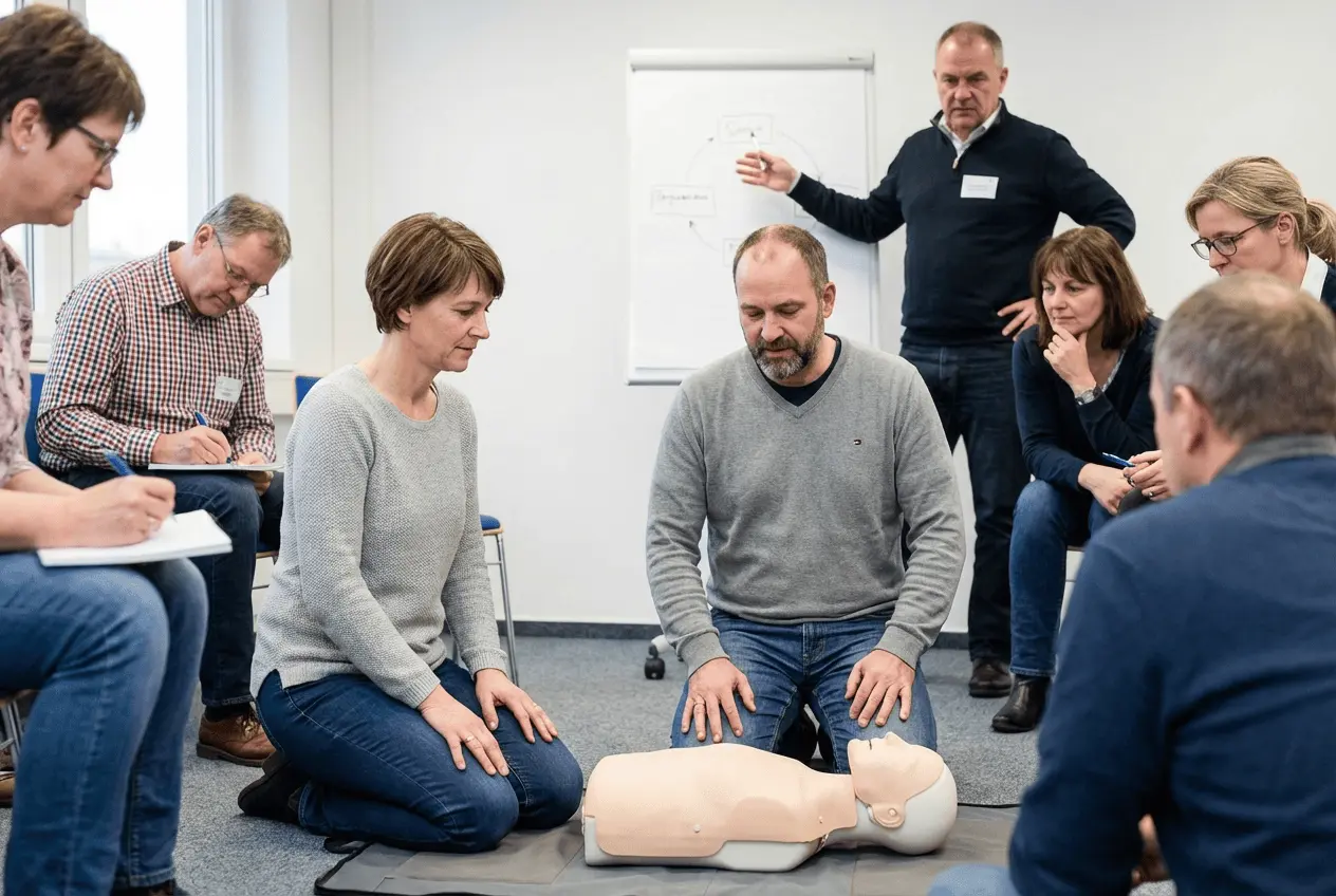 Hundetrainer nimmt praktische Prüfung für den Sachkundenachweis bei Hundehalter auf der Hundewiese ab