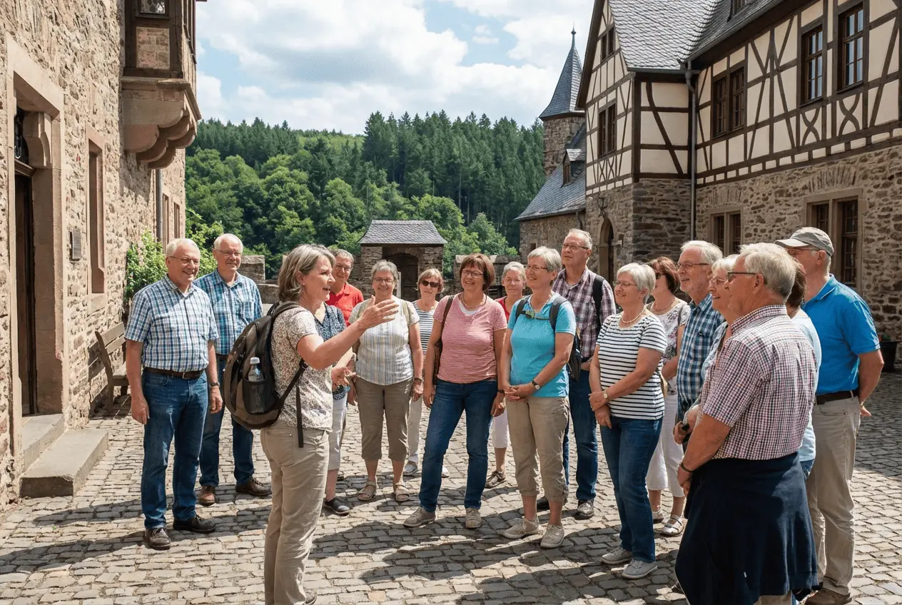 Touristen nutzen Online-Ticketbuchung für historische Schlossführung und Burgbesichtigung auf dem Smartphone