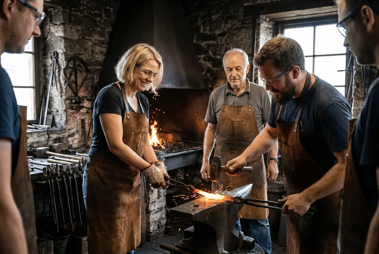 Schmiedekurs Teilnehmer in Lederschürze am Amboss beim Bearbeiten von glühendem Eisen mit einem Hammer in einer Werkstatt