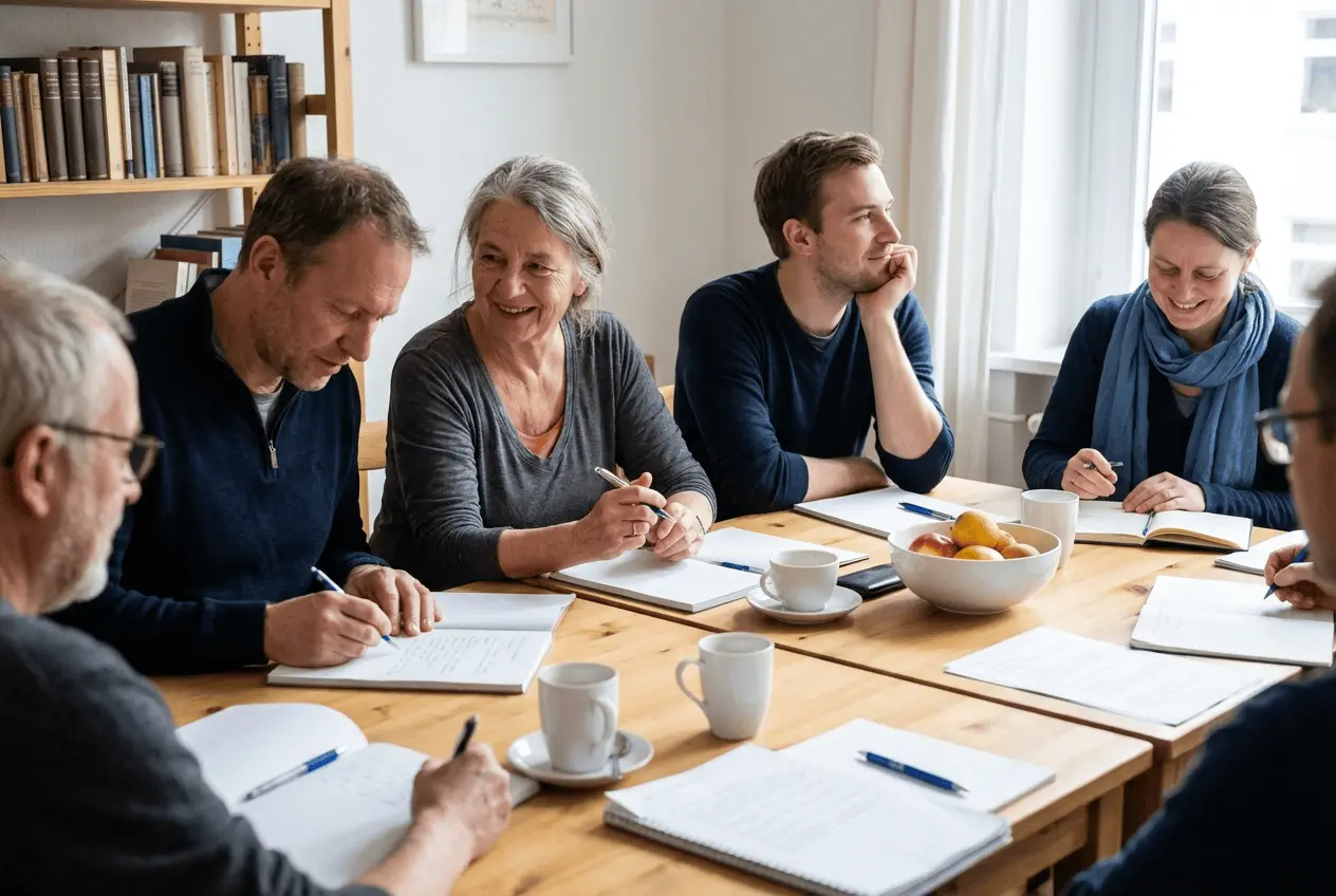 Teilnehmer beim kreativen Schreiben am Laptop während eines Workshops für Autoren