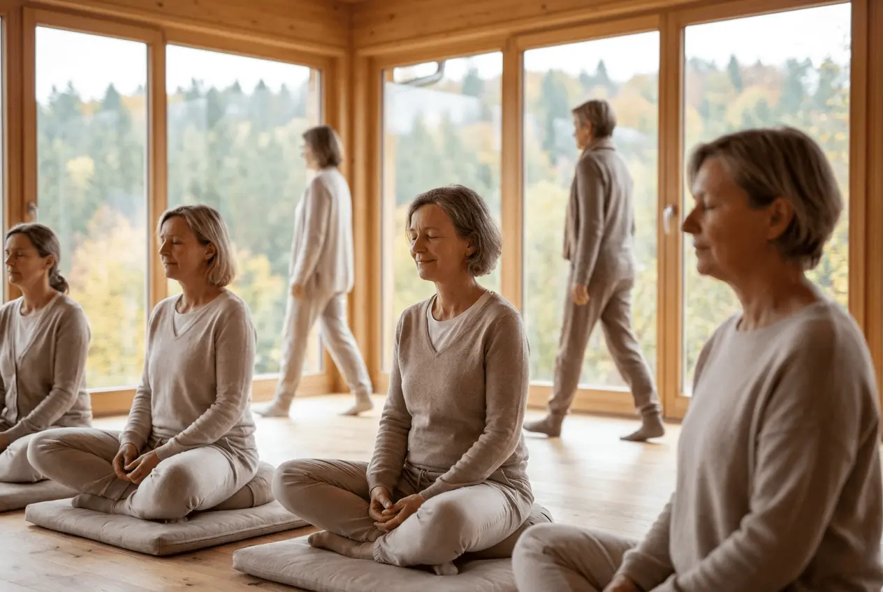 Gruppe in stiller Meditation während eines Achtsamkeits-Retreats in der Natur