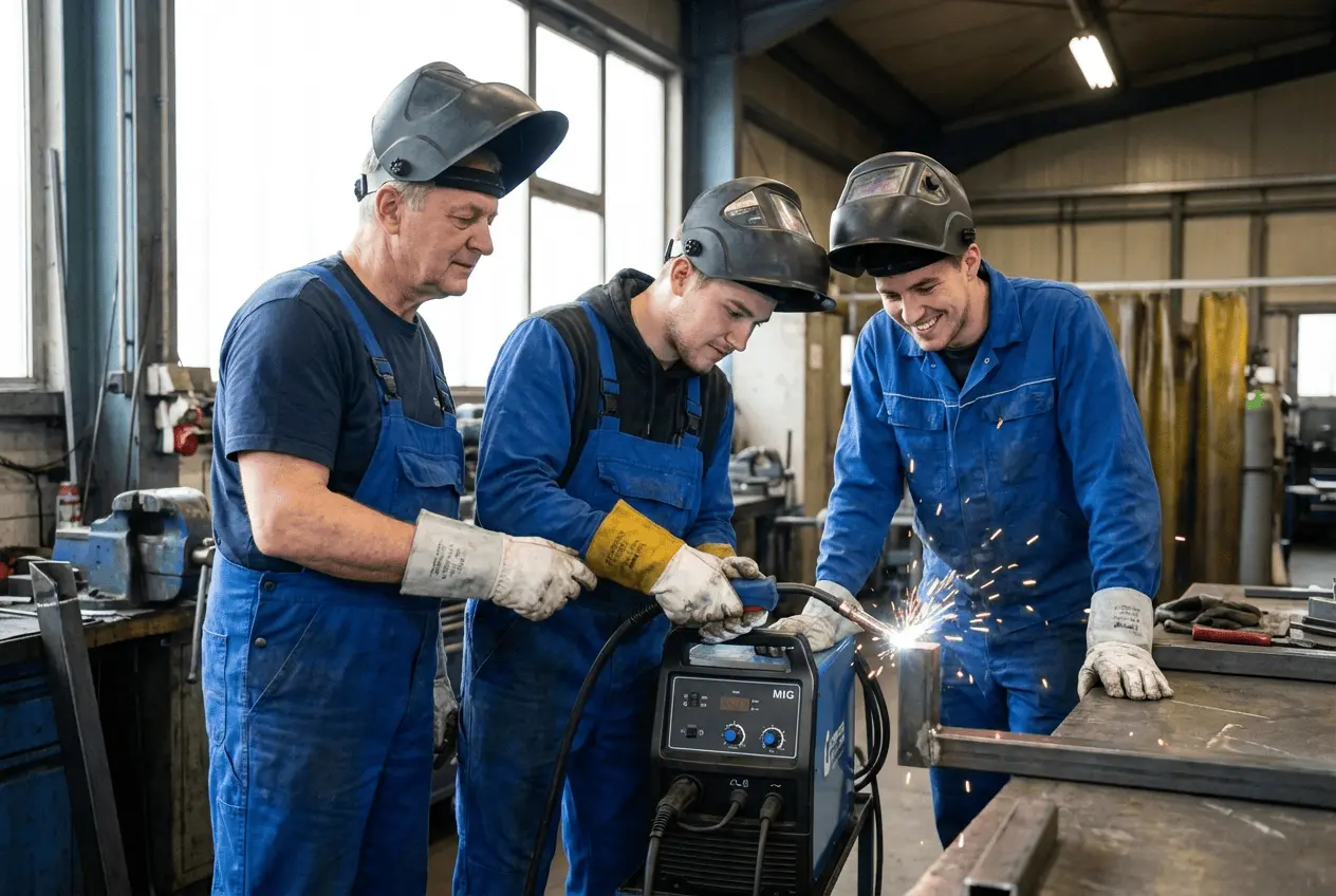 Teilnehmer mit Schweißhelm und Schutzkleidung beim Lichtbogenschweißen in einer Schulungswerkstatt