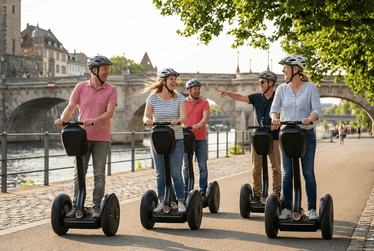 Glückliche Gruppe bei einer Segway Tour Stadtführung und Teamevent im Sommer