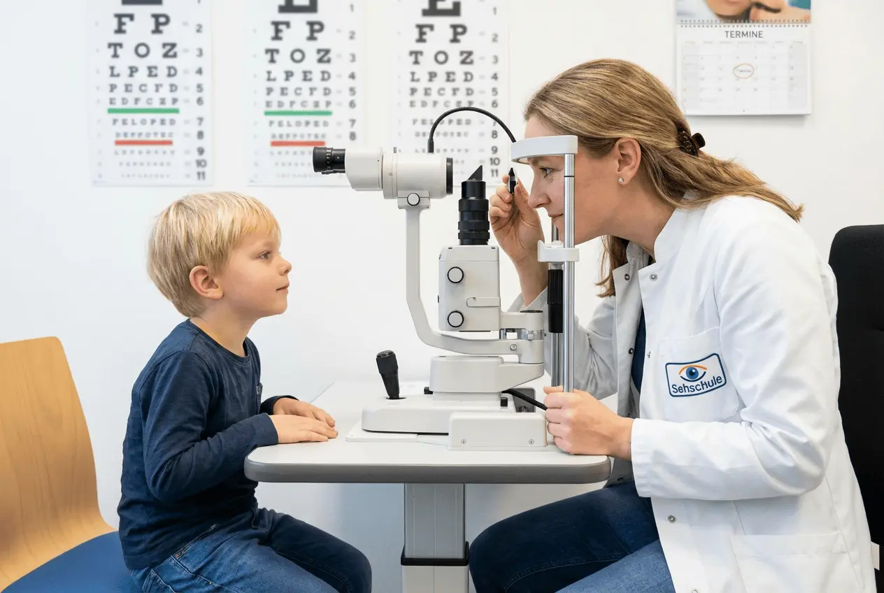 Orthoptistin bei der Untersuchung eines Kindes in der Sehschule mit Sehtest und Okklusionspflaster
