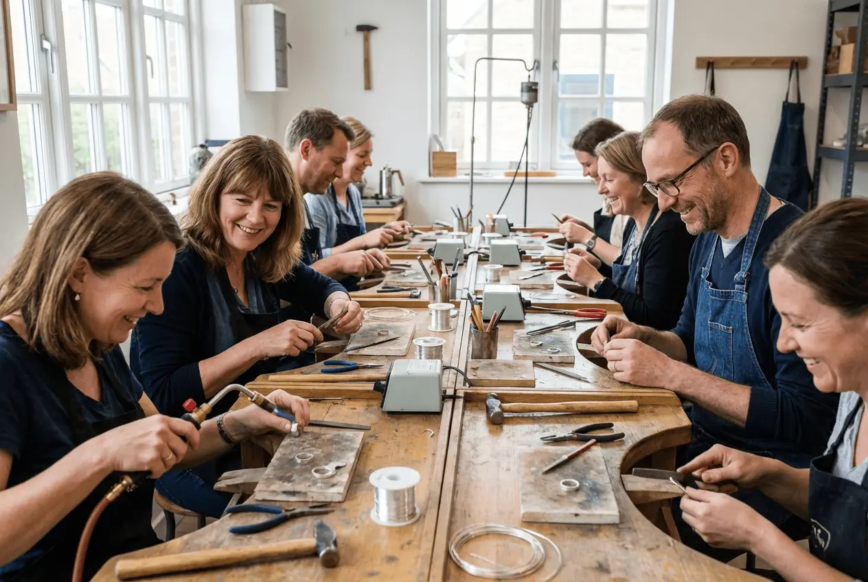 Goldschmiede bei der Arbeit an Silberringen im Schmuck-Workshop