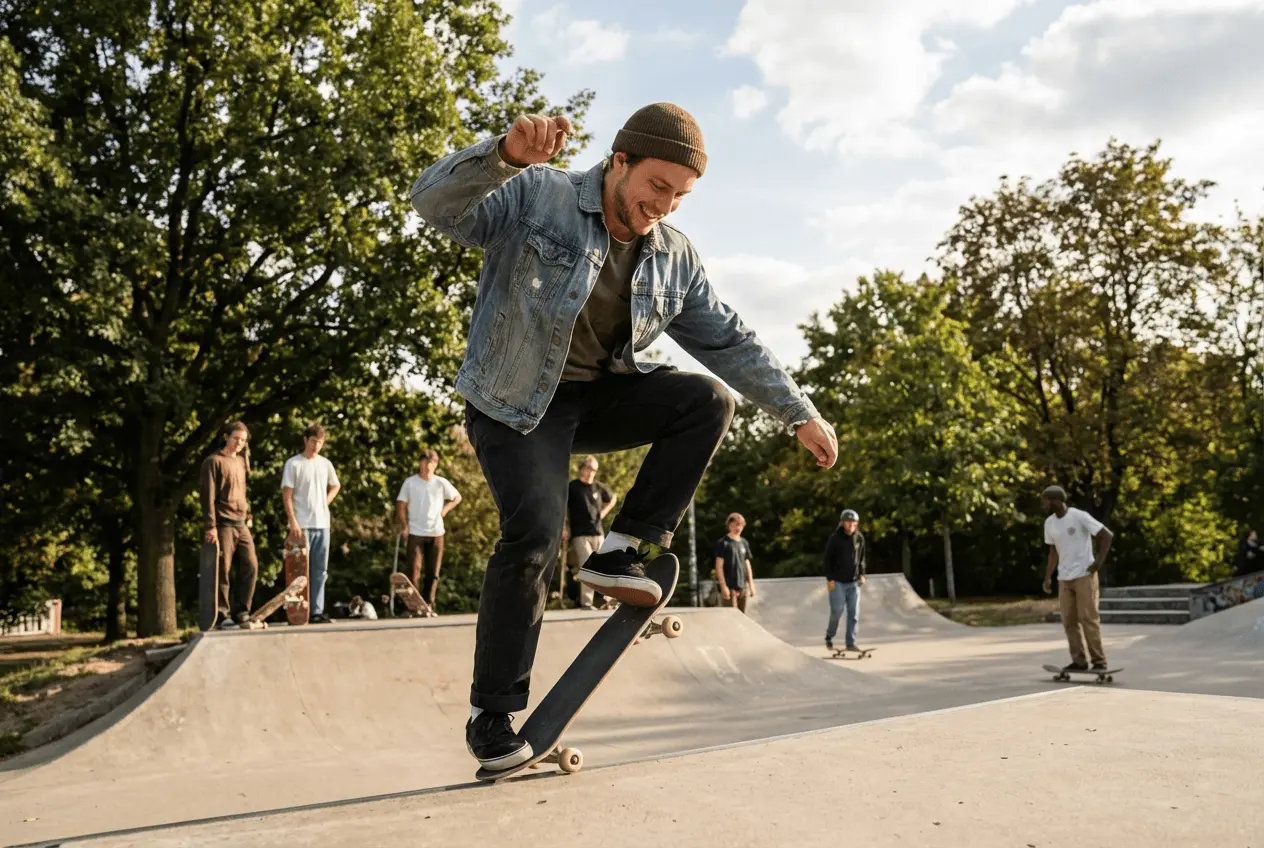 Dynamischer Skateboarder führt einen Trick über eine Rampe in einem Outdoor Skatepark aus bei sonnigem Wetter
