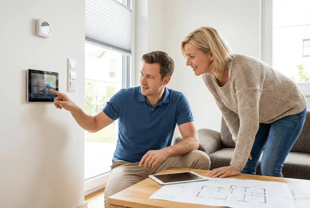 Smart Home Installationsberater plant Gebäudetechnik am Tablet mit Kunden Terminvereinbarung und Wartungsvertrag