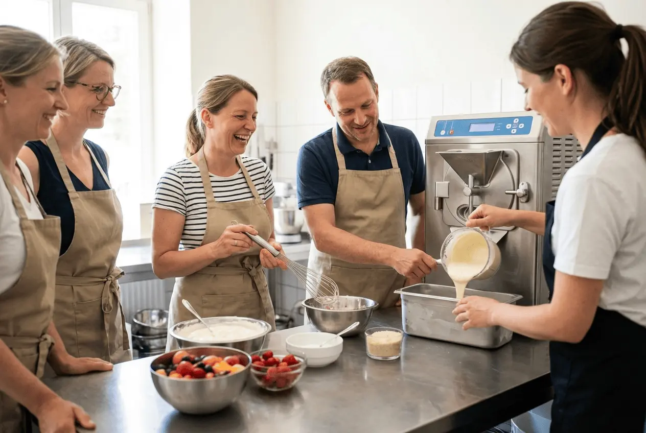 Fröhliche Teilnehmer beim Speiseeis-Herstellungskurs lernen Eisproduktion mit frischen Zutaten