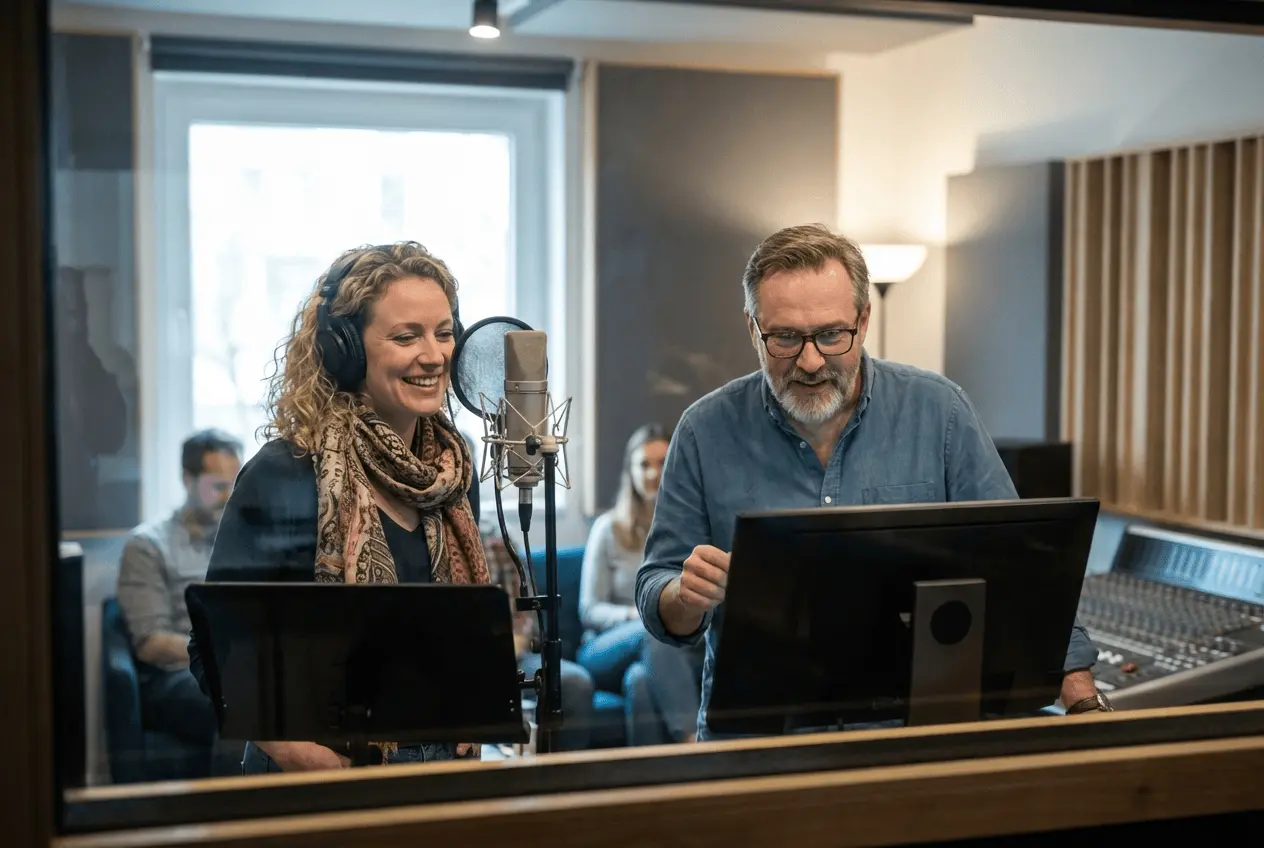 Professionelles Tonstudio mit Mikrofon und Regieplatz für Sprachaufnahmen