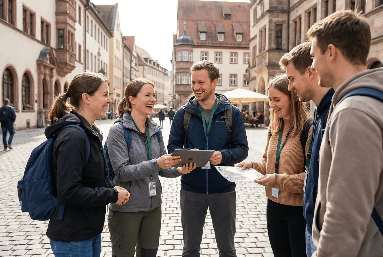 Fröhliche Gruppe bei einer Stadt-Rallye und Schnitzeljagd mit Tablet und Stadtplan bei einem Teamevent