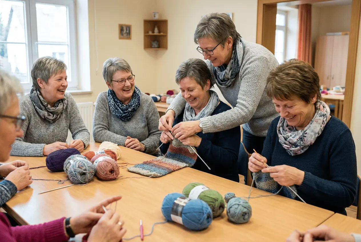 Frauen sitzen gemeinsam am Tisch und lernen Stricken und Häkeln im Workshop mit bunter Wolle