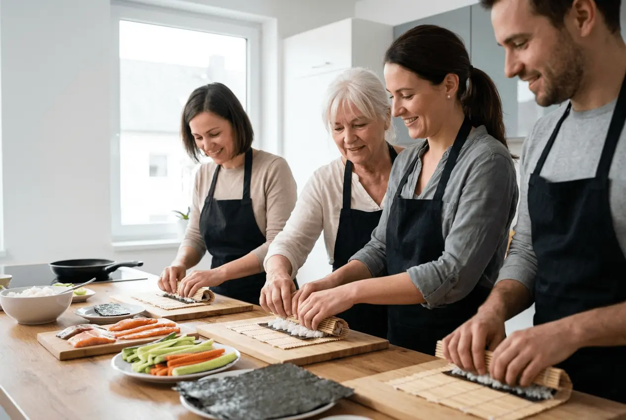 Gruppe bei Sushi Zubereitungskurs formt Reisbällchen und belegt Nigiri mit Lachs