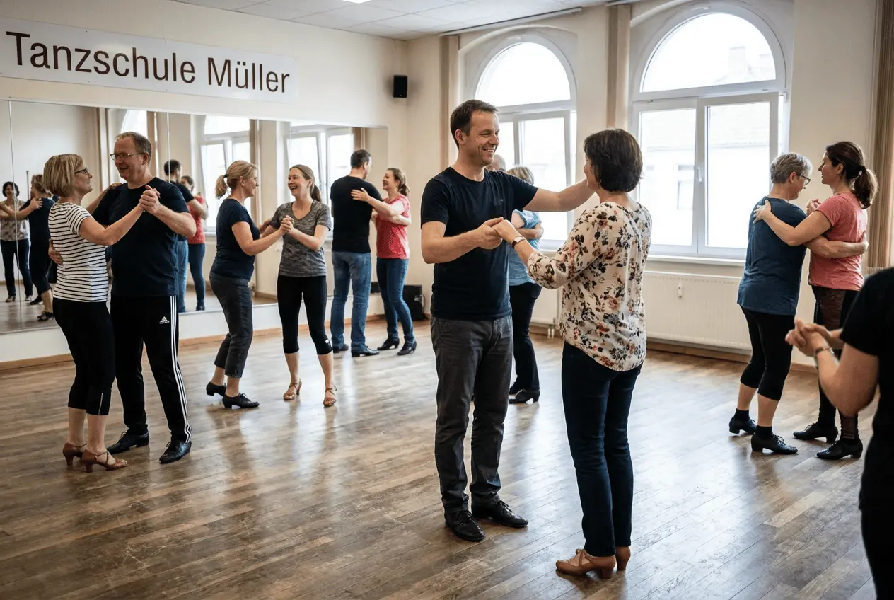 Tanzlehrer unterrichtet Tanzschüler im Gesellschaftstanz in einer Tanzschule