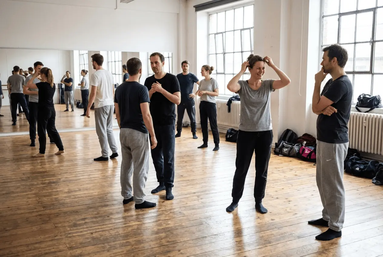 Gruppenunterricht in einer Tanzschule mit Tanzlehrer und Schülern beim Lernen neuer Schritte