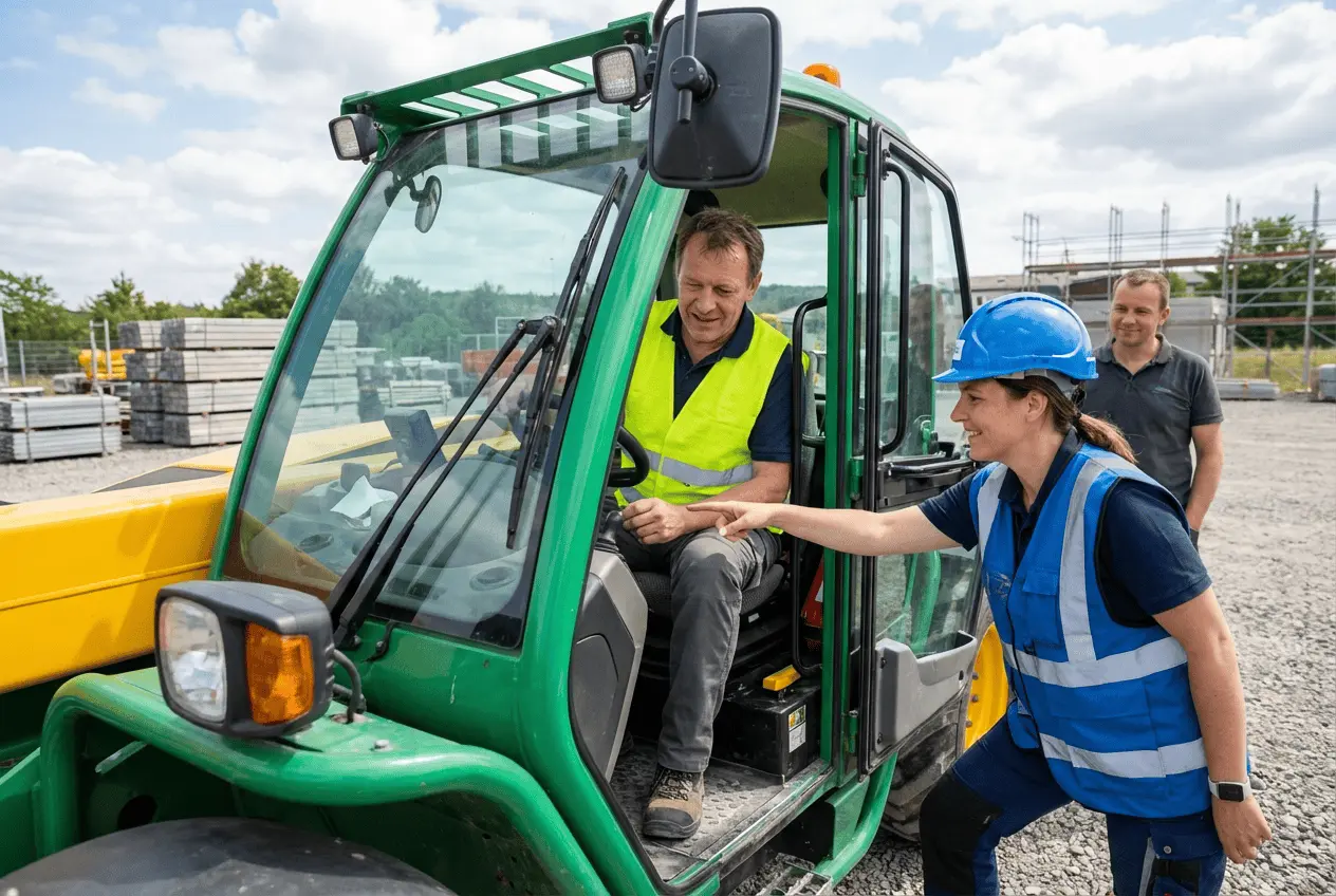 Teleskoplader Ausbildung im Gelände mit Roto und starrem Teleskoparm bei der Sicherheitsunterweisung der Fahrer