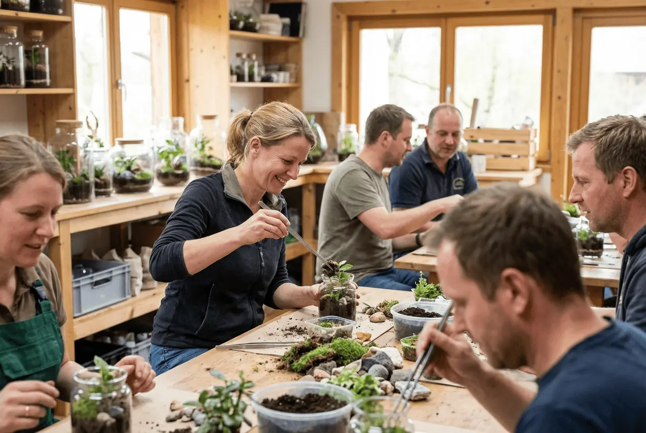Teilnehmer eines Workshops bepflanzen Glasgefäße mit Erde Moos und Pflanzen
