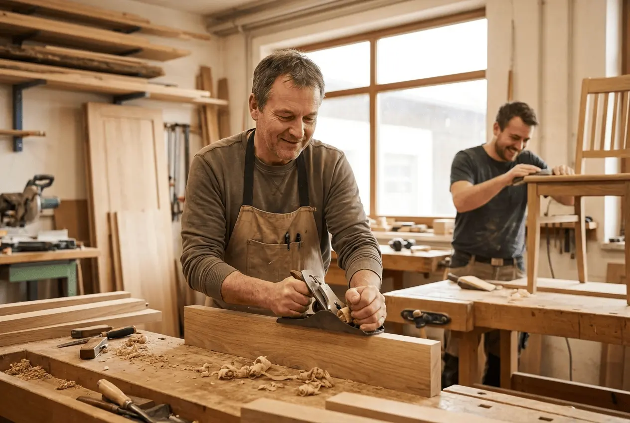 Tischler in der Werkstatt nutzt Laptop zur digitalen Terminplanung und Kursverwaltung