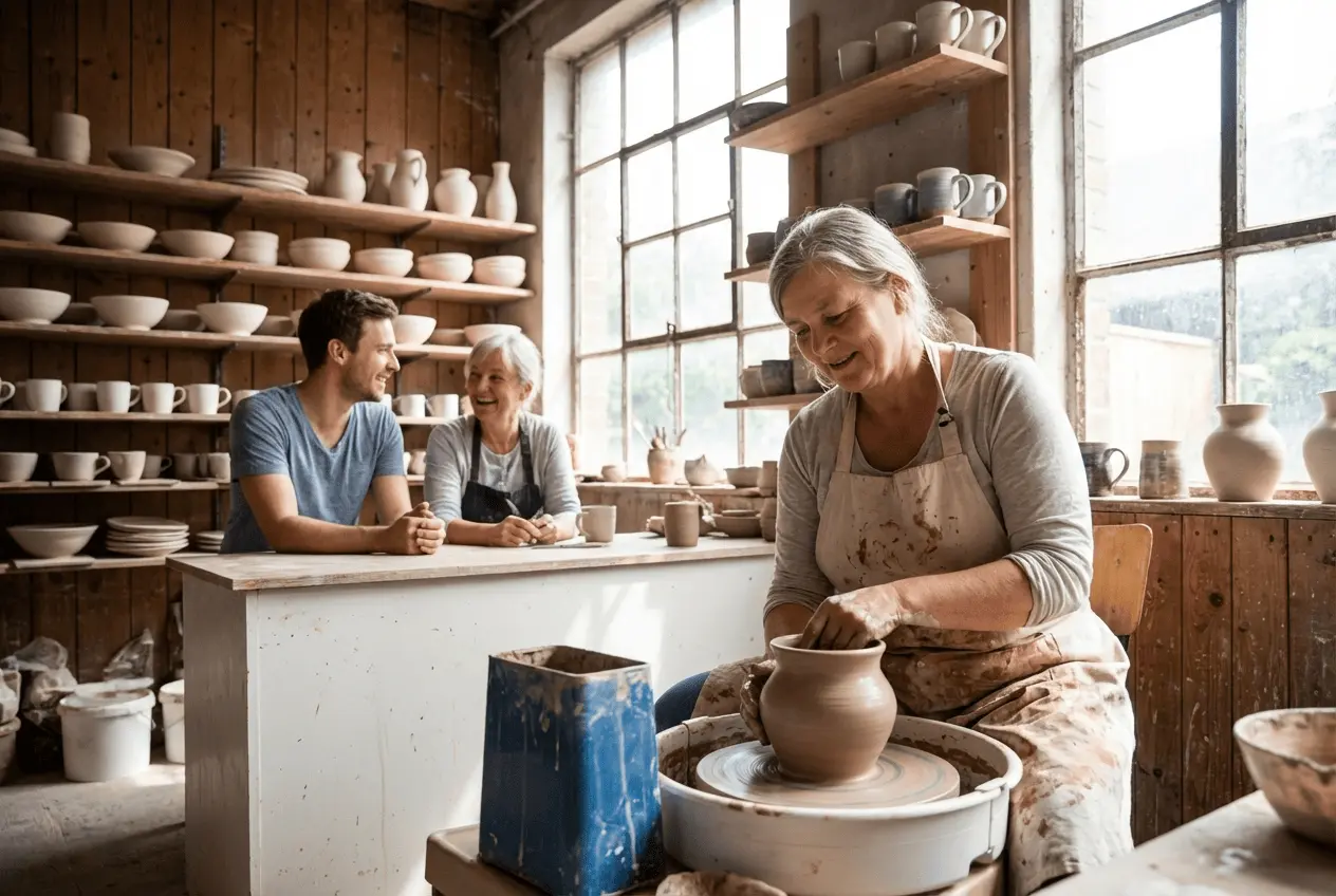 Teilnehmer beim Töpfern an der Drehscheibe in einer professionellen Keramikwerkstatt