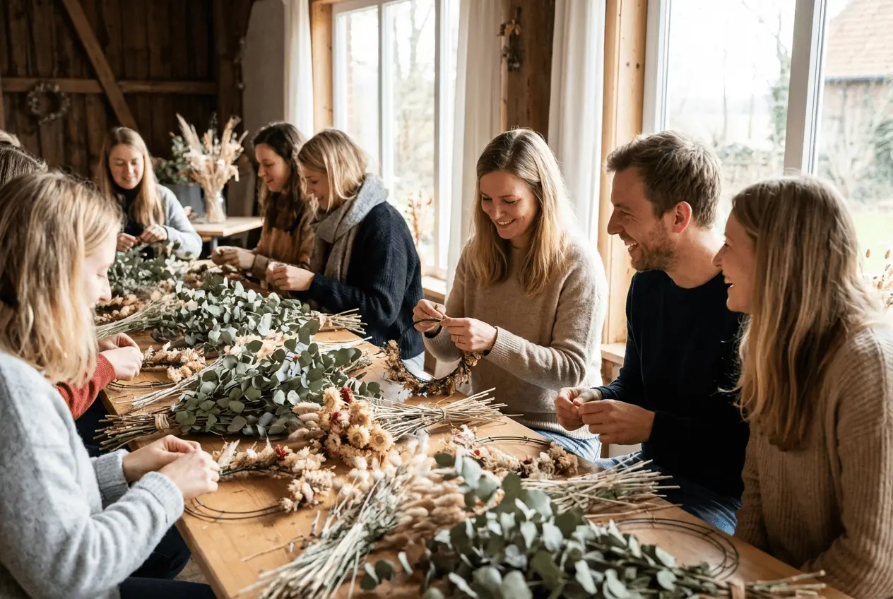 Teilnehmerinnen beim Trockenblumenkranz Workshop binden Flower Hoops mit Statice und Eukalyptus