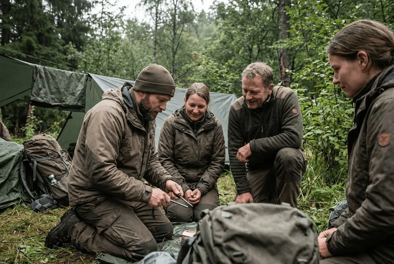 Gruppe beim Feuermachen und Unterstandbau während eines Überlebenstrainings im Wald