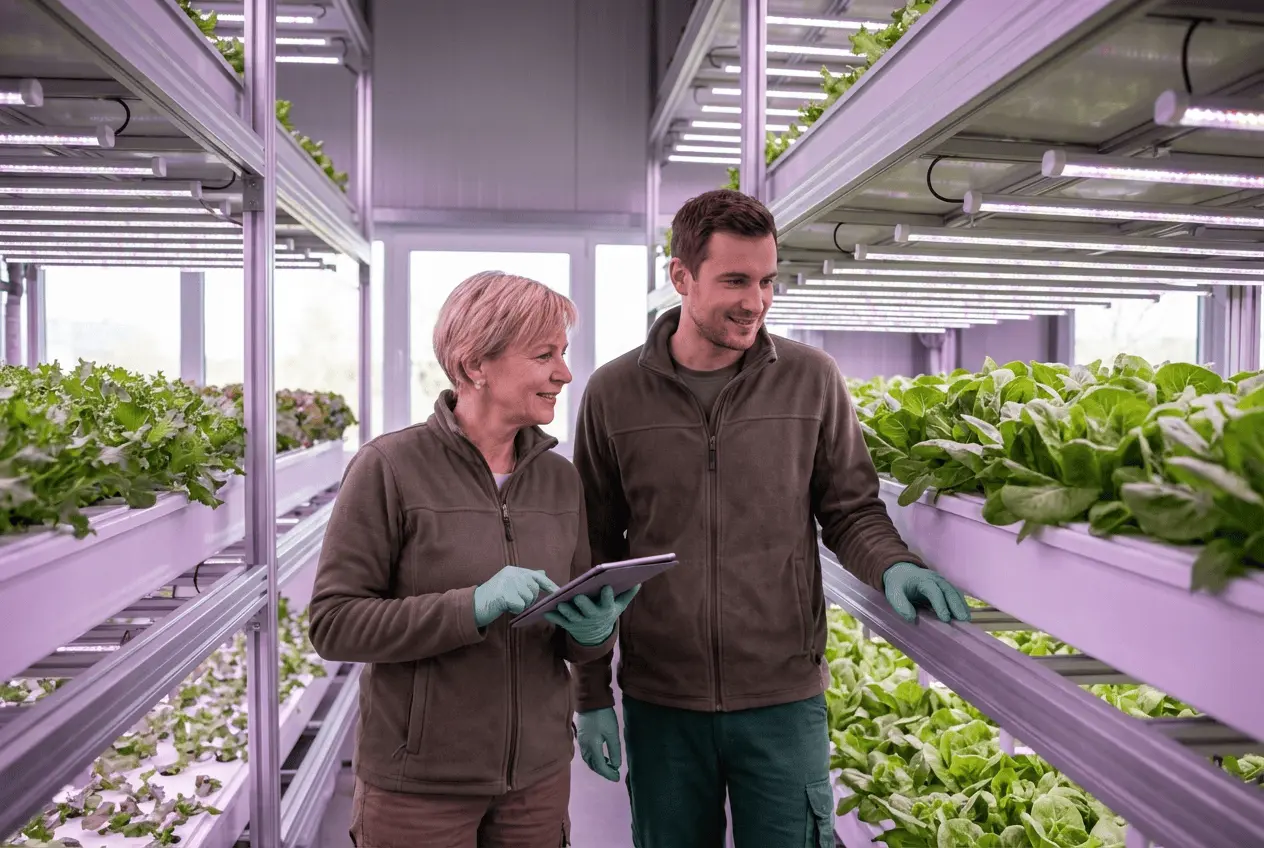 Innenansicht einer High-Tech Vertical Farming Anlage mit lila LED Beleuchtung und Hydroponik Regalen für urbane Landwirtschaft