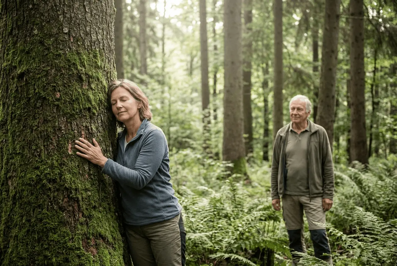 Mentale Gesundheit durch Shinrin-yoku Waldbaden in der Gruppe im grünen Forst