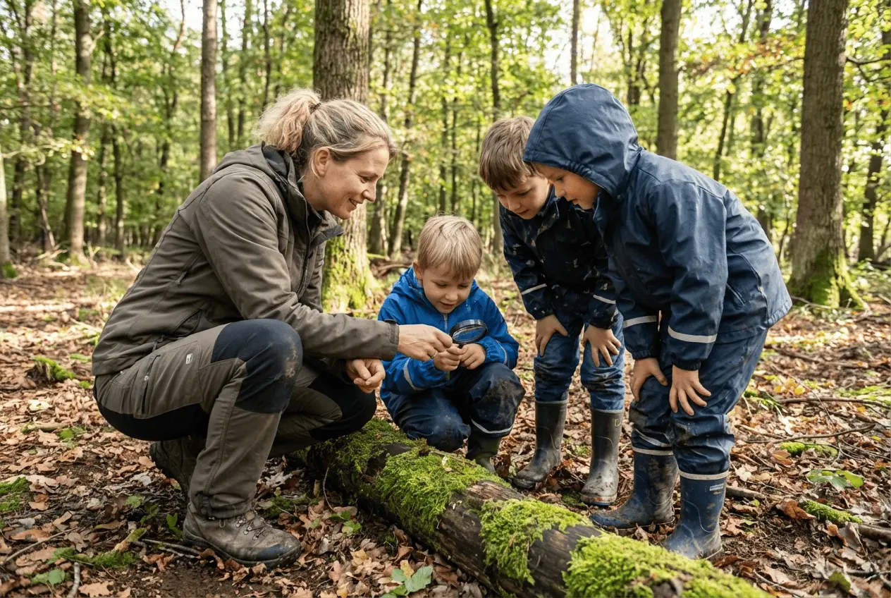 Waldpädagoge erklärt einer Gruppe von Kindern im Wald die Natur bei einer Führung