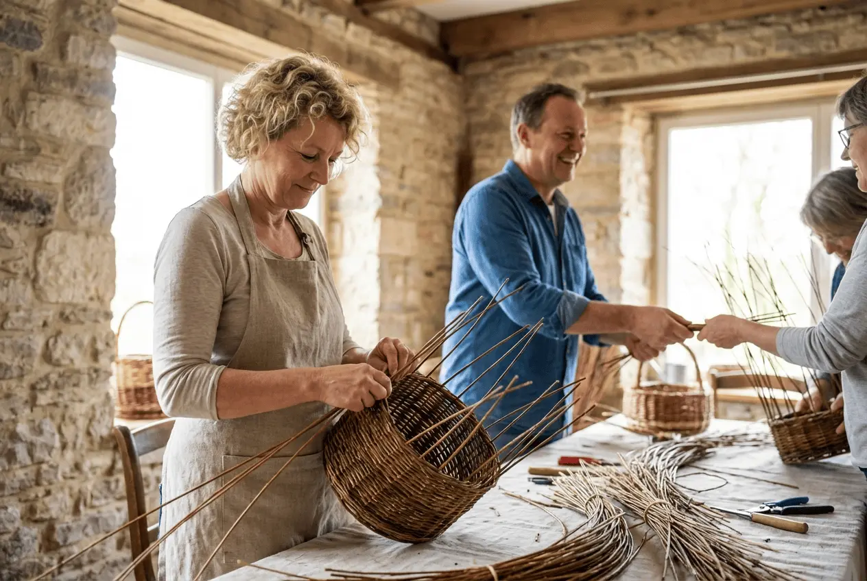 Gruppe beim Weidenflechten in einem Workshop für Korbwaren und naturnabes Handwerk